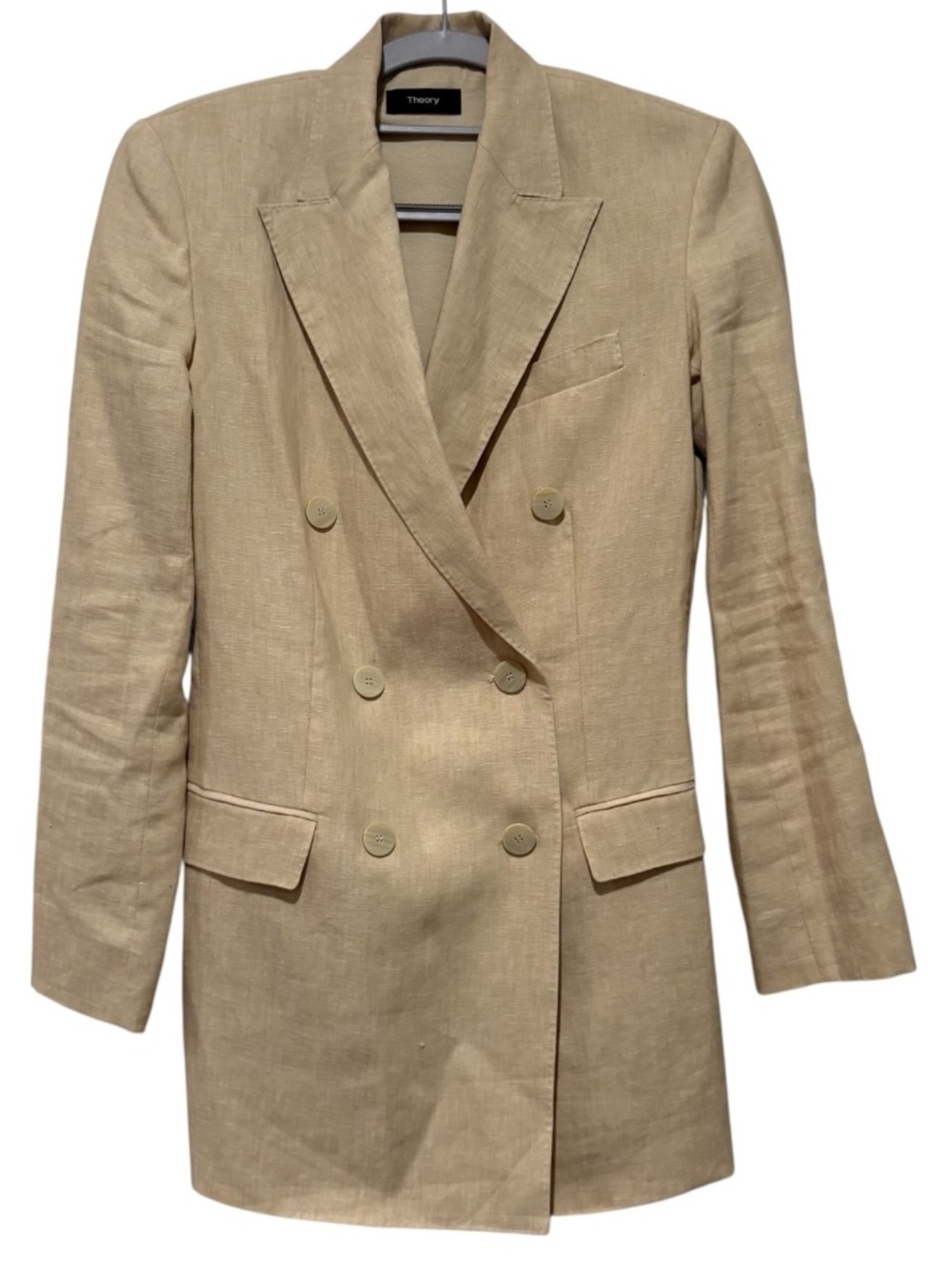 Theory Tailor Pure Linen Double Breasted Blazer 00 Beige Longline Jacket